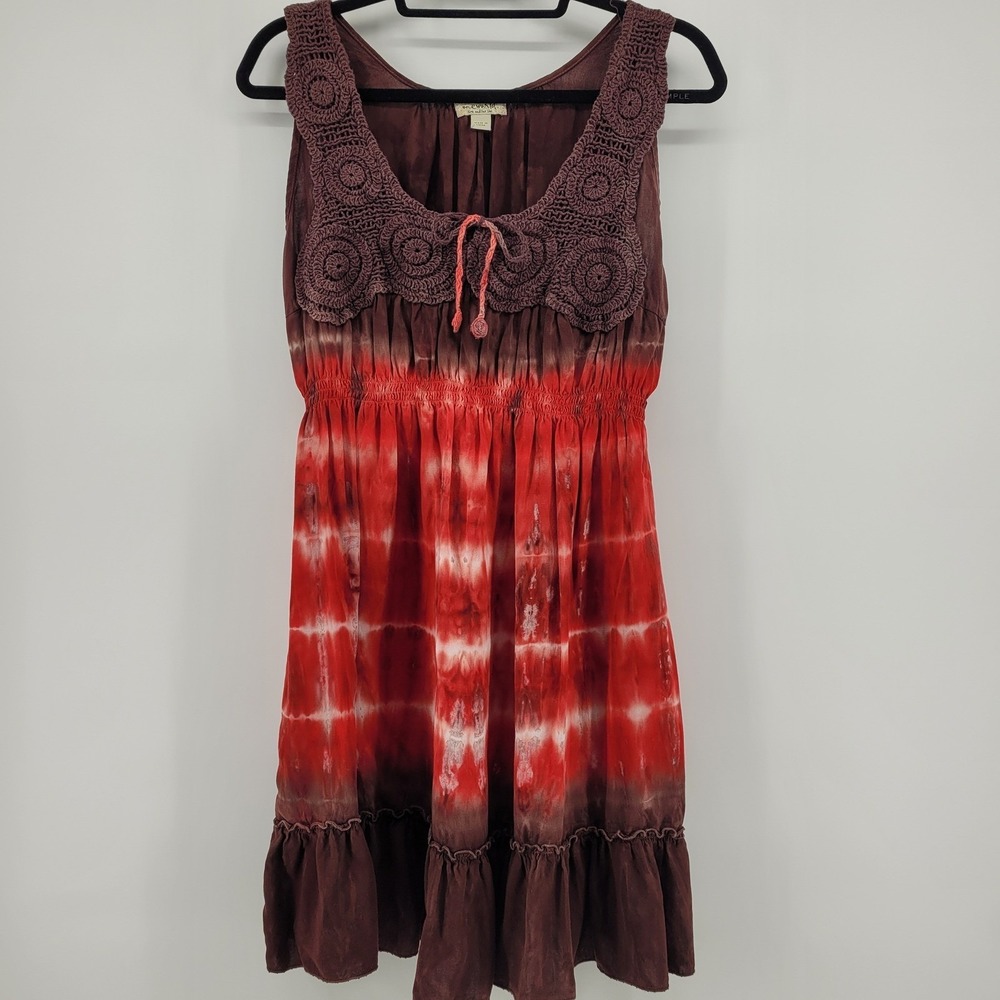 One World Women PXL Red Brown Tie Dye Crochet Lace‎ Tassel Smocked Mini Dress